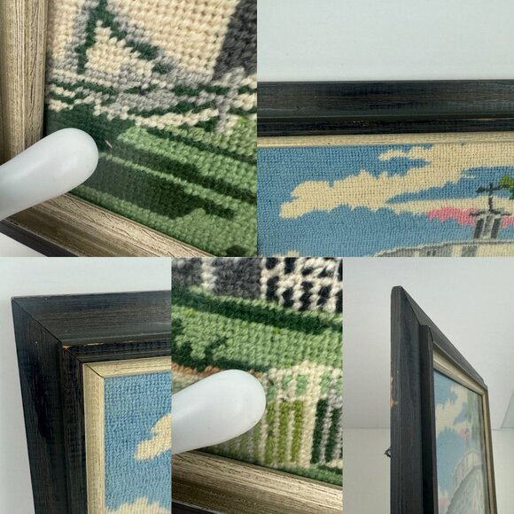 Vtg Wall Framed Needlepoint Art Work Craft Completed Church Building Tree Sky - Picture 4 of 11